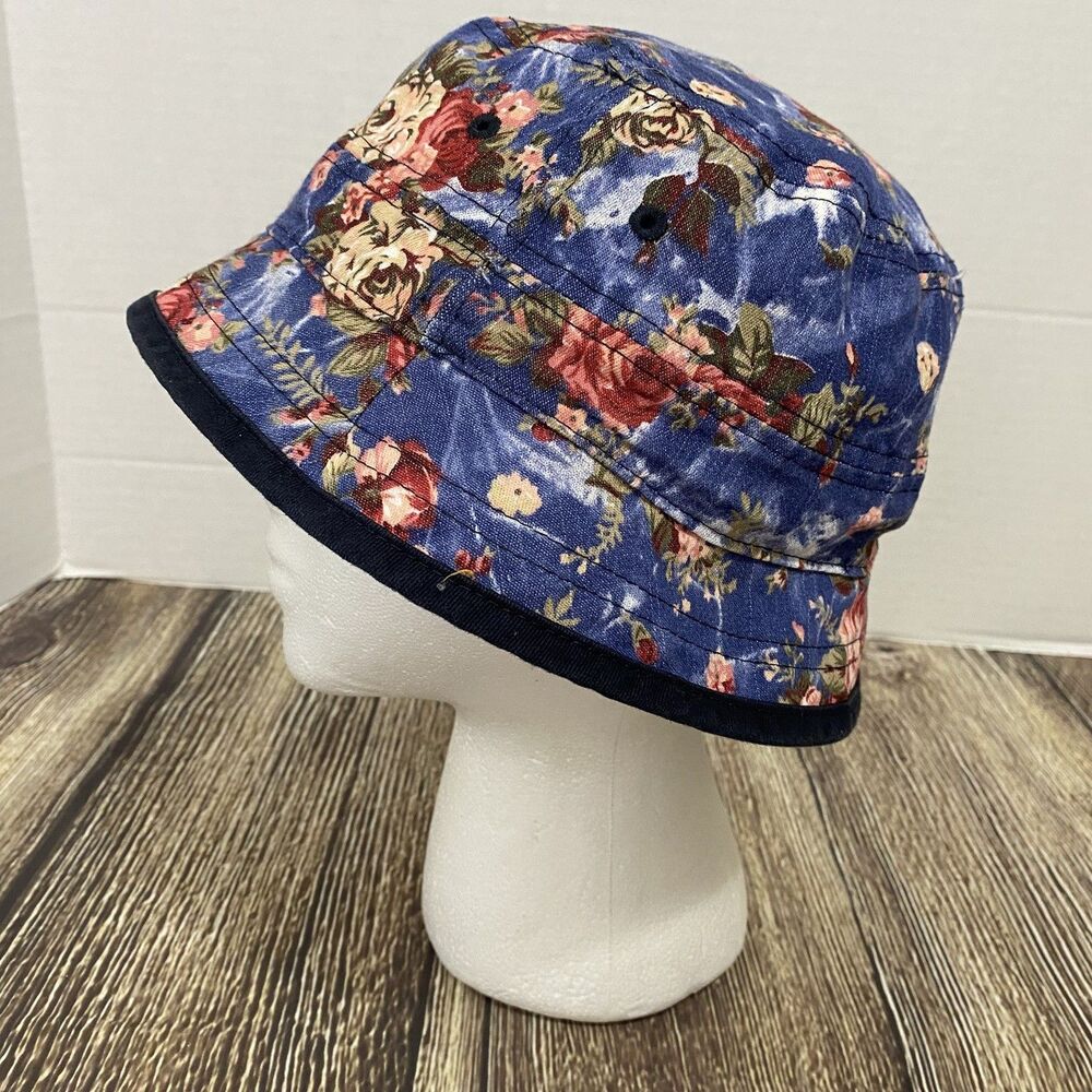 New Era Floral Print Denim Bucket Hat Sz XL Blue/Pink Cotton Blend